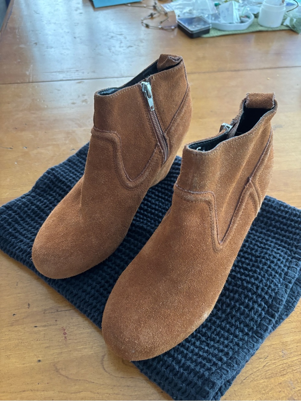 Dolce Vita Women's Faux Suede Wedge Zip Ankle Boots in Tobacco
